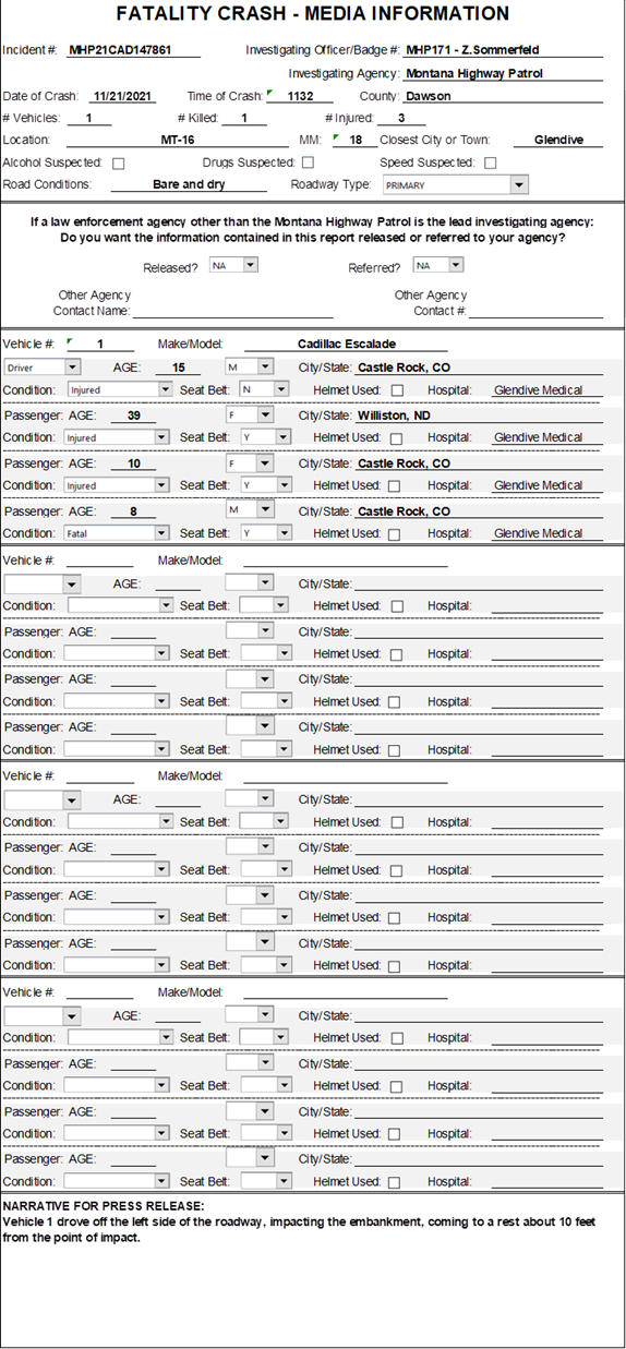 MHP fatality crash report